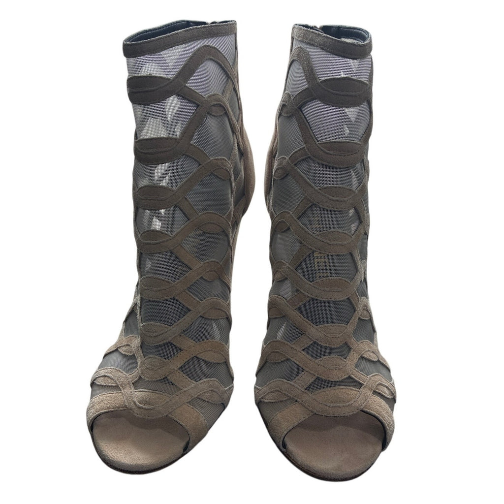 Chanel Taupe Suede Cage Booties EU 36 Peep Toe Heels 3.5”