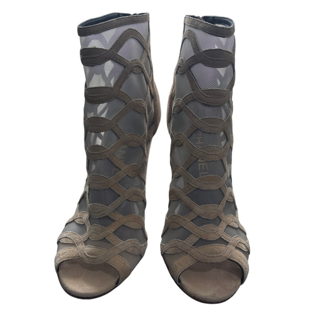 Chanel Taupe Suede Cage Booties EU 36 Peep Toe Heels 3.5”