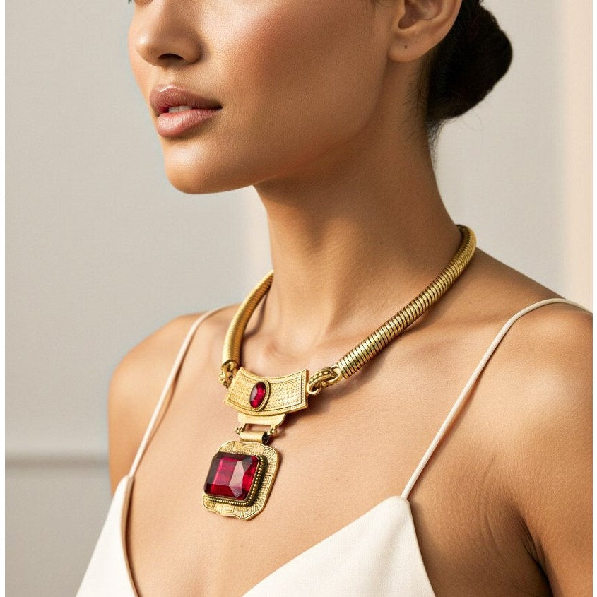 Antique Gold Statement necklace and earring set | Red Stone pendant |