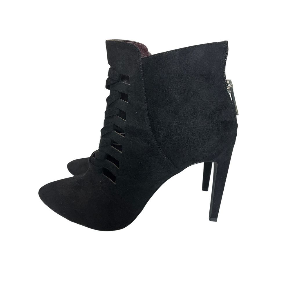 BCBG Black Suede Peep Toe Ankle Booties Women’s Size 10 Stiletto Heels