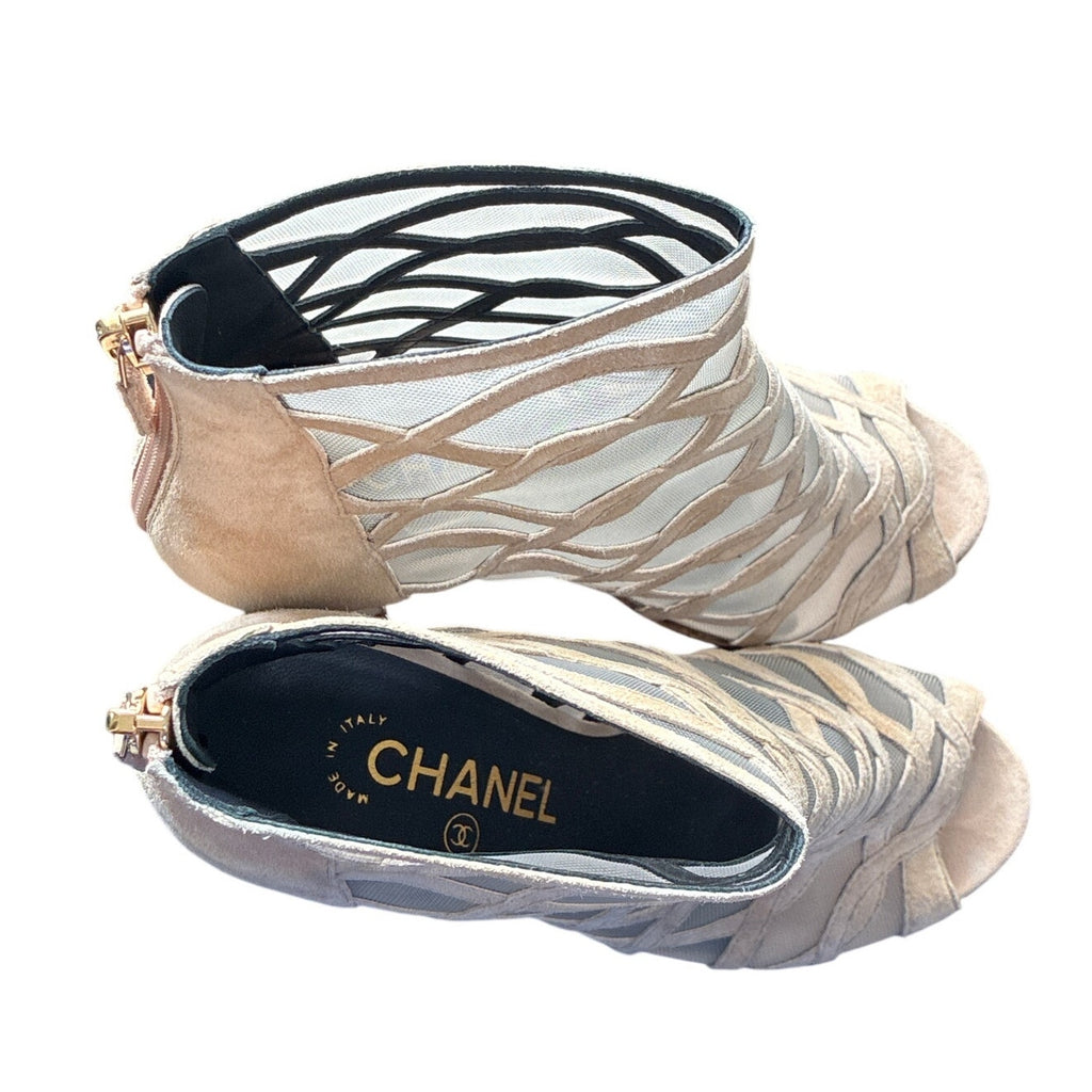 Chanel Taupe Suede Cage Booties EU 36 Peep Toe Heels 3.5”