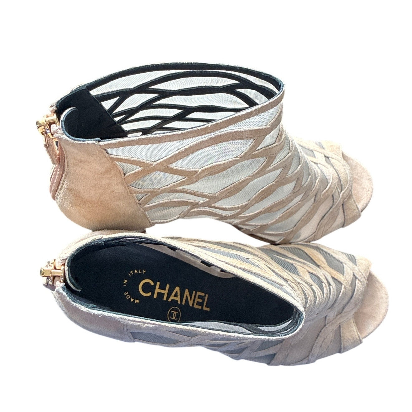 Chanel Taupe Suede Cage Booties EU 36 Peep Toe Heels 3.5”