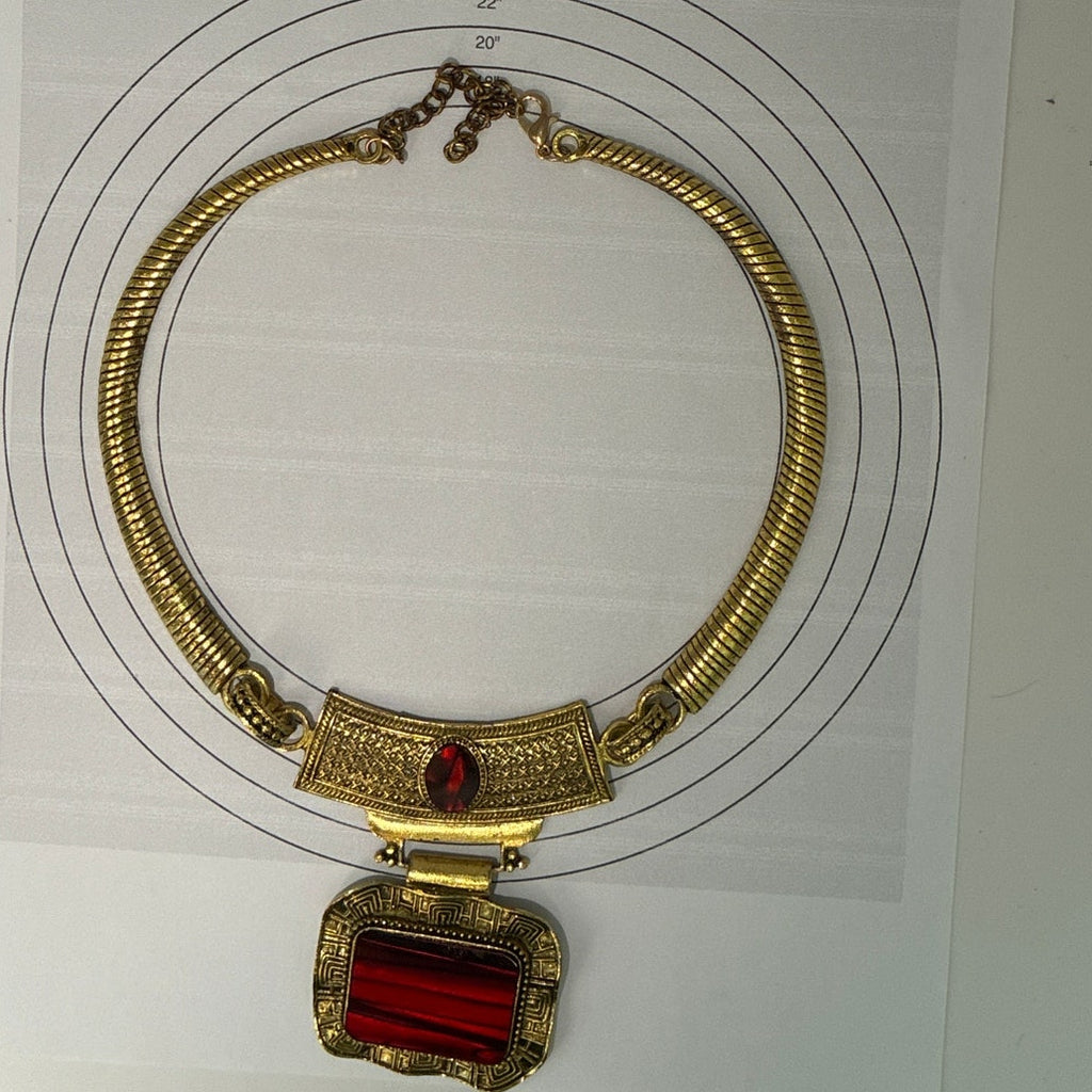 Antique Gold Statement necklace and earring set | Red Stone pendant |