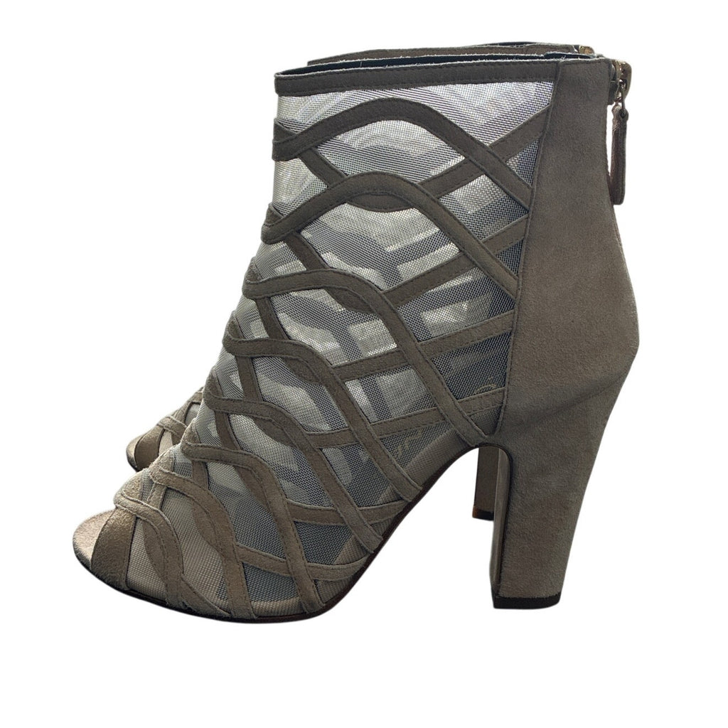 Chanel Taupe Suede Cage Booties EU 36 Peep Toe Heels 3.5”