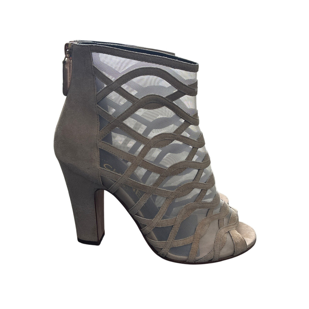 Chanel Taupe Suede Cage Booties EU 36 Peep Toe Heels 3.5”