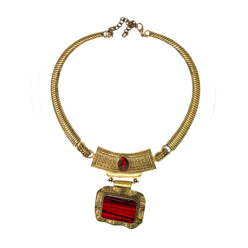 Antique Gold Statement necklace and earring set | Red Stone pendant |