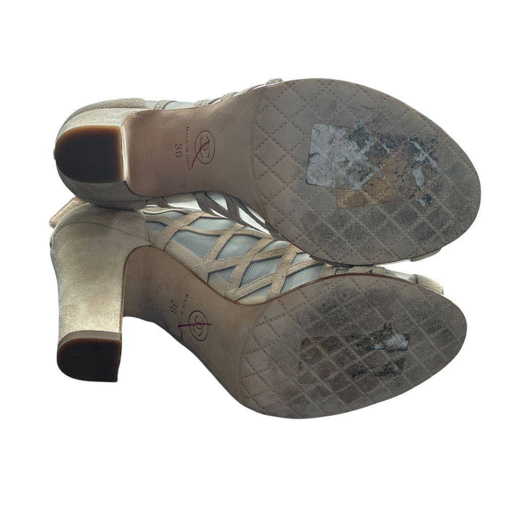 Chanel Taupe Suede Cage Booties EU 36 Peep Toe Heels 3.5”