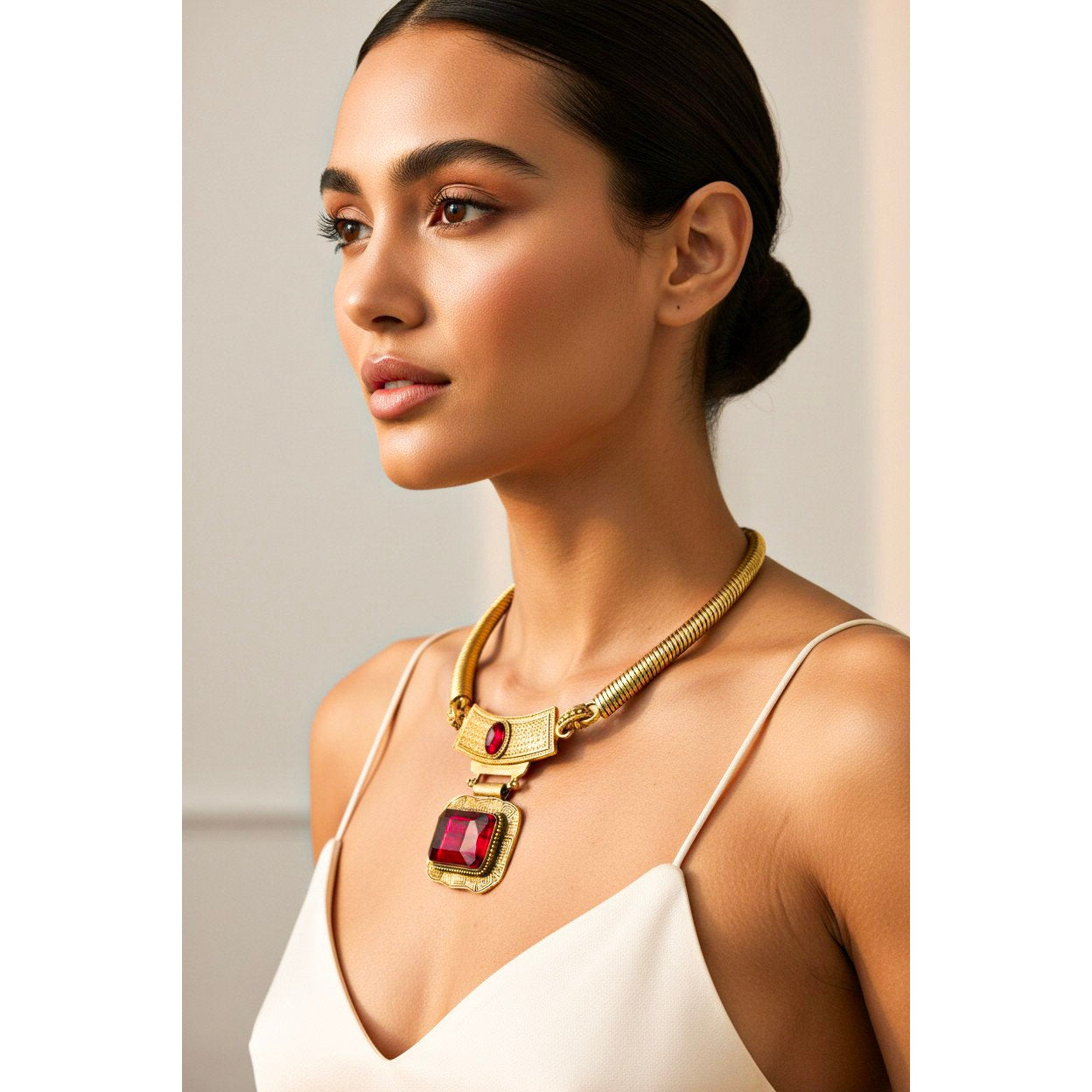 Antique Gold Statement necklace and earring set | Red Stone pendant |