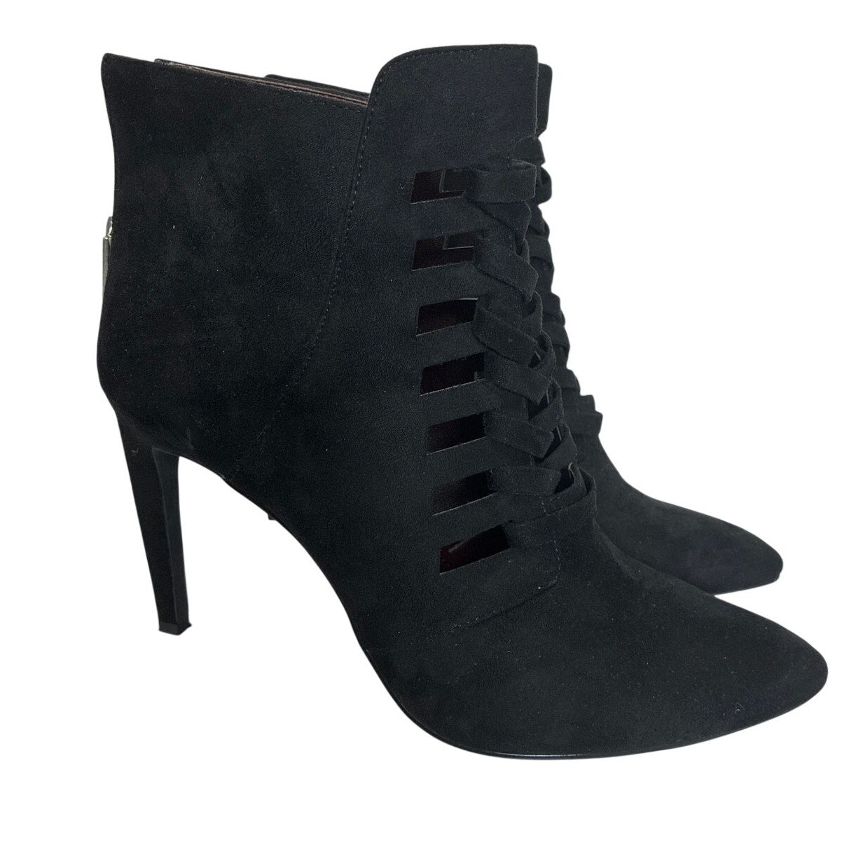 BCBG Black Suede Peep Toe Ankle Booties Women’s Size 10 Stiletto Heels